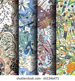 Set of tracery colorful seamless patterns. Vertical stripes. Curved doodling backgrounds for textile or printing with mehndi and ethnic motives. Vector
