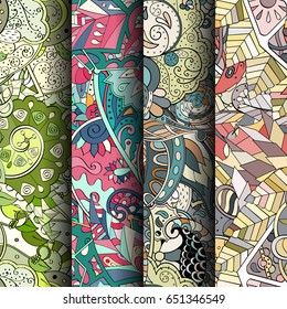 Set of tracery colorful seamless patterns. Vertical stripes. Curved doodling backgrounds for textile or printing with mehndi and ethnic motives. Vector