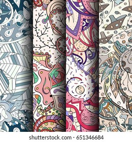 Set of tracery colorful seamless patterns. Vertical stripes. Curved doodling backgrounds for textile or printing with mehndi and ethnic motives. Vector