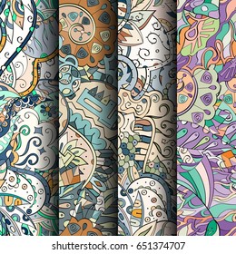 Set of tracery colorful seamless patterns. Vertical stripes. Curved doodling backgrounds for textile or printing with mehndi and ethnic motives. Vector