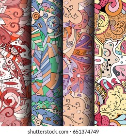 Set of tracery colorful seamless patterns. Vertical stripes. Curved doodling backgrounds for textile or printing with mehndi and ethnic motives. Vector