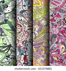 Set of tracery colorful seamless patterns. Vertical stripes. Curved doodling backgrounds for textile or printing with mehndi and ethnic motives. Vector