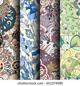 Set of tracery colorful seamless patterns. Vertical stripes. Curved doodling backgrounds for textile or printing with mehndi and ethnic motives. Vector