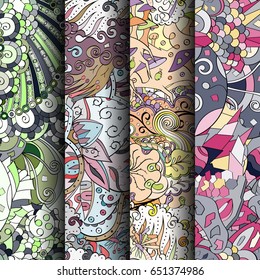 Set of tracery colorful seamless patterns. Vertical stripes. Curved doodling backgrounds for textile or printing with mehndi and ethnic motives. Vector