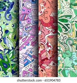 Set of tracery colorful seamless patterns. Vertical stripes. Curved doodling backgrounds for textile or printing with mehndi and ethnic motives. Vector