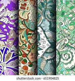 Set of tracery colorful seamless patterns. Vertical stripes. Curved doodling backgrounds for textile or printing with mehndi and ethnic motives. Vector