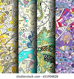 Set of tracery colorful seamless patterns. Vertical stripes. Curved doodling backgrounds for textile or printing with mehndi and ethnic motives. Vector
