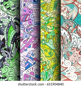 Set of tracery colorful seamless patterns. Vertical stripes. Curved doodling backgrounds for textile or printing with mehndi and ethnic motives. Vector