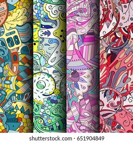 Set of tracery colorful seamless patterns. Vertical stripes. Curved doodling backgrounds for textile or printing with mehndi and ethnic motives. Vector