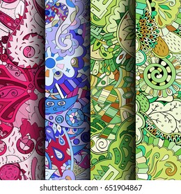 Set of tracery colorful seamless patterns. Vertical stripes. Curved doodling backgrounds for textile or printing with mehndi and ethnic motives. Vector