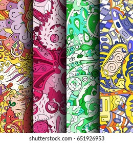 Set of tracery colorful seamless patterns. Vertical stripes. Curved doodling backgrounds for textile or printing with mehndi and ethnic motives. Vector