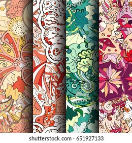 Set of tracery colorful seamless patterns. Vertical stripes. Curved doodling backgrounds for textile or printing with mehndi and ethnic motives. Vector