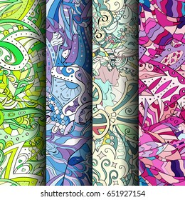 Set of tracery colorful seamless patterns. Vertical stripes. Curved doodling backgrounds for textile or printing with mehndi and ethnic motives. Vector