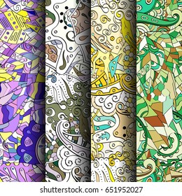 Set of tracery colorful seamless patterns. Vertical stripes. Curved doodling backgrounds for textile or printing with mehndi and ethnic motives. Vector