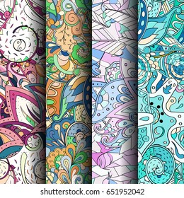 Set of tracery colorful seamless patterns. Vertical stripes. Curved doodling backgrounds for textile or printing with mehndi and ethnic motives. Vector