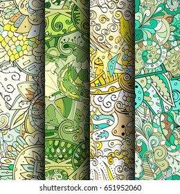 Set of tracery colorful seamless patterns. Vertical stripes. Curved doodling backgrounds for textile or printing with mehndi and ethnic motives. Vector