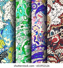 Set of tracery colorful seamless patterns. Vertical stripes. Curved doodling backgrounds for textile or printing with mehndi and ethnic motives. Vector