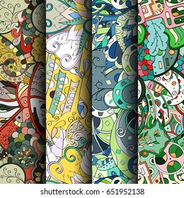 Set of tracery colorful seamless patterns. Vertical stripes. Curved doodling backgrounds for textile or printing with mehndi and ethnic motives. Vector