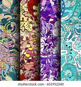 Set of tracery colorful seamless patterns. Vertical stripes. Curved doodling backgrounds for textile or printing with mehndi and ethnic motives. Vector