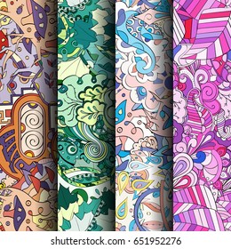 Set of tracery colorful seamless patterns. Vertical stripes. Curved doodling backgrounds for textile or printing with mehndi and ethnic motives. Vector