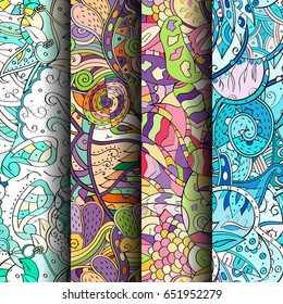 Set of tracery colorful seamless patterns. Vertical stripes. Curved doodling backgrounds for textile or printing with mehndi and ethnic motives. Vector