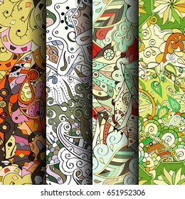 Set of tracery colorful seamless patterns. Vertical stripes. Curved doodling backgrounds for textile or printing with mehndi and ethnic motives. Vector
