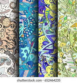 Set of tracery colorful seamless patterns. Vertical stripes. Curved doodling backgrounds for textile or printing with mehndi and ethnic motives. Vector