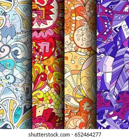 Set of tracery colorful seamless patterns. Vertical stripes. Curved doodling backgrounds for textile or printing with mehndi and ethnic motives. Vector