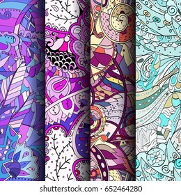 Set of tracery colorful seamless patterns. Vertical stripes. Curved doodling backgrounds for textile or printing with mehndi and ethnic motives. Vector