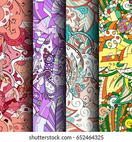 Set of tracery colorful seamless patterns. Vertical stripes. Curved doodling backgrounds for textile or printing with mehndi and ethnic motives. Vector