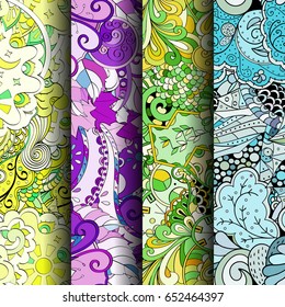 Set of tracery colorful seamless patterns. Vertical stripes. Curved doodling backgrounds for textile or printing with mehndi and ethnic motives. Vector