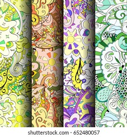 Set of tracery colorful seamless patterns. Vertical stripes. Curved doodling backgrounds for textile or printing with mehndi and ethnic motives. Vector