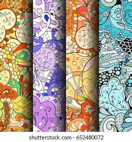 Set of tracery colorful seamless patterns. Vertical stripes. Curved doodling backgrounds for textile or printing with mehndi and ethnic motives. Vector