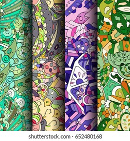 Set of tracery colorful seamless patterns. Vertical stripes. Curved doodling backgrounds for textile or printing with mehndi and ethnic motives. Vector