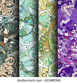 Set of tracery colorful seamless patterns. Vertical stripes. Curved doodling backgrounds for textile or printing with mehndi and ethnic motives. Vector
