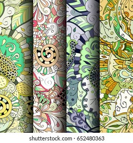 Set of tracery colorful seamless patterns. Vertical stripes. Curved doodling backgrounds for textile or printing with mehndi and ethnic motives. Vector