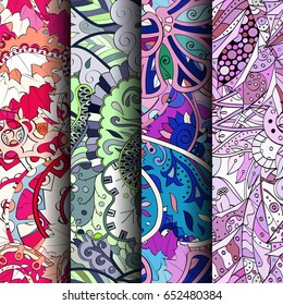 Set of tracery colorful seamless patterns. Vertical stripes. Curved doodling backgrounds for textile or printing with mehndi and ethnic motives. Vector
