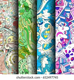 Set of tracery colorful seamless patterns. Vertical stripes. Curved doodling backgrounds for textile or printing with mehndi and ethnic motives. Vector