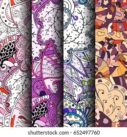 Set of tracery colorful seamless patterns. Vertical stripes. Curved doodling backgrounds for textile or printing with mehndi and ethnic motives. Vector