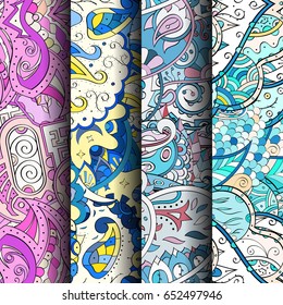 Set of tracery colorful seamless patterns. Vertical stripes. Curved doodling backgrounds for textile or printing with mehndi and ethnic motives. Vector