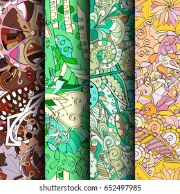 Set of tracery colorful seamless patterns. Vertical stripes. Curved doodling backgrounds for textile or printing with mehndi and ethnic motives. Vector