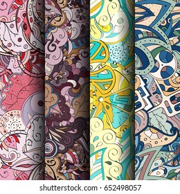 Set of tracery colorful seamless patterns. Vertical stripes. Curved doodling backgrounds for textile or printing with mehndi and ethnic motives. Vector