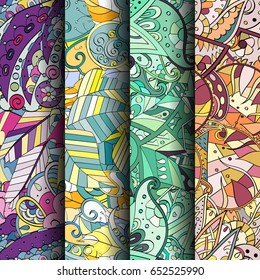 Set of tracery colorful seamless patterns. Vertical stripes. Curved doodling backgrounds for textile or printing with mehndi and ethnic motives. Vector