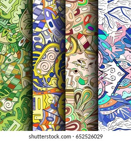 Set of tracery colorful seamless patterns. Vertical stripes. Curved doodling backgrounds for textile or printing with mehndi and ethnic motives. Vector