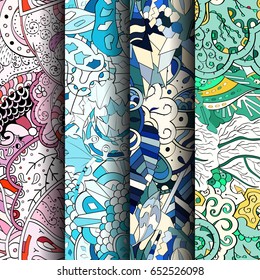 Set of tracery colorful seamless patterns. Vertical stripes. Curved doodling backgrounds for textile or printing with mehndi and ethnic motives. Vector