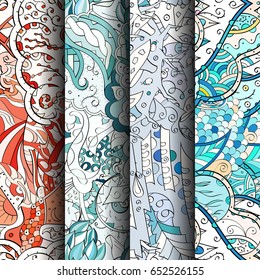 Set of tracery colorful seamless patterns. Vertical stripes. Curved doodling backgrounds for textile or printing with mehndi and ethnic motives. Vector