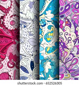 Set of tracery colorful seamless patterns. Vertical stripes. Curved doodling backgrounds for textile or printing with mehndi and ethnic motives. Vector