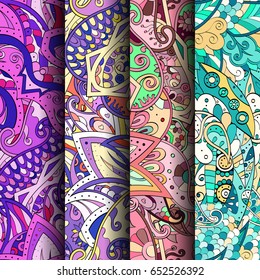Set of tracery colorful seamless patterns. Vertical stripes. Curved doodling backgrounds for textile or printing with mehndi and ethnic motives. Vector