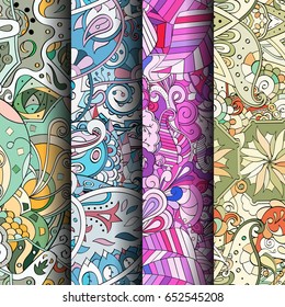 Set of tracery colorful seamless patterns. Vertical stripes. Curved doodling backgrounds for textile or printing with mehndi and ethnic motives. Vector