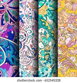 Set of tracery colorful seamless patterns. Vertical stripes. Curved doodling backgrounds for textile or printing with mehndi and ethnic motives. Vector